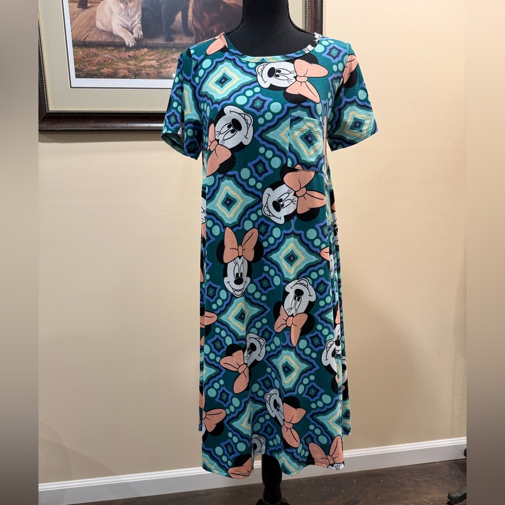 LulaRoe Disney Geometric Minnie Mouse Midi Dress in Teal and Peach